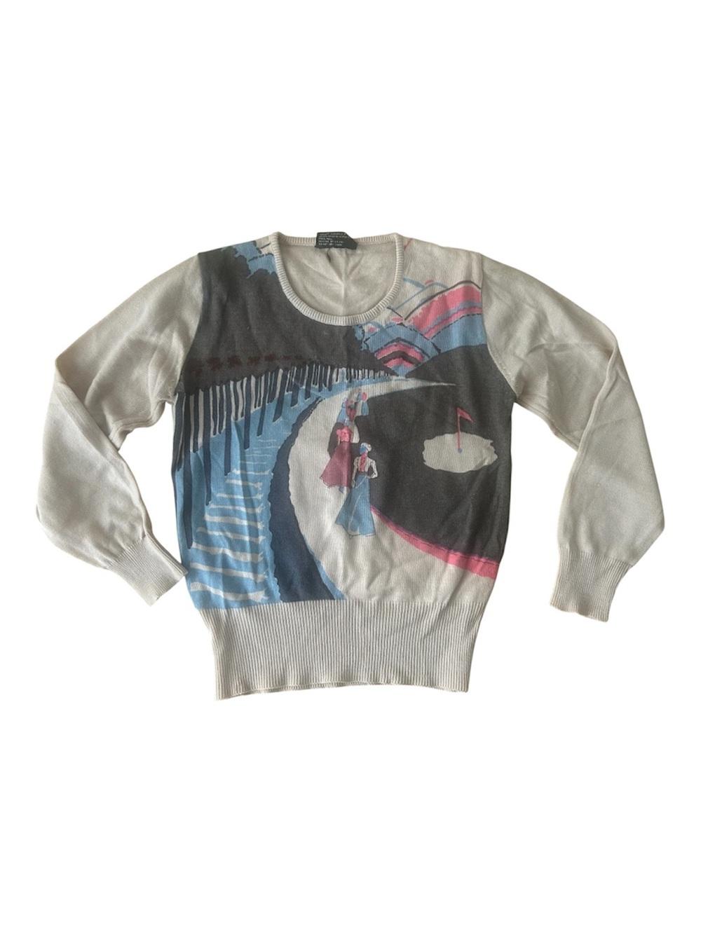 Vintage Graphic Golf Scene Crewneck Sweater in Light Gray, Blue & Pink
